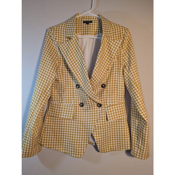 Women's MICHEL Yellow White Houndstooth Blazer S - Picture 2 of 6